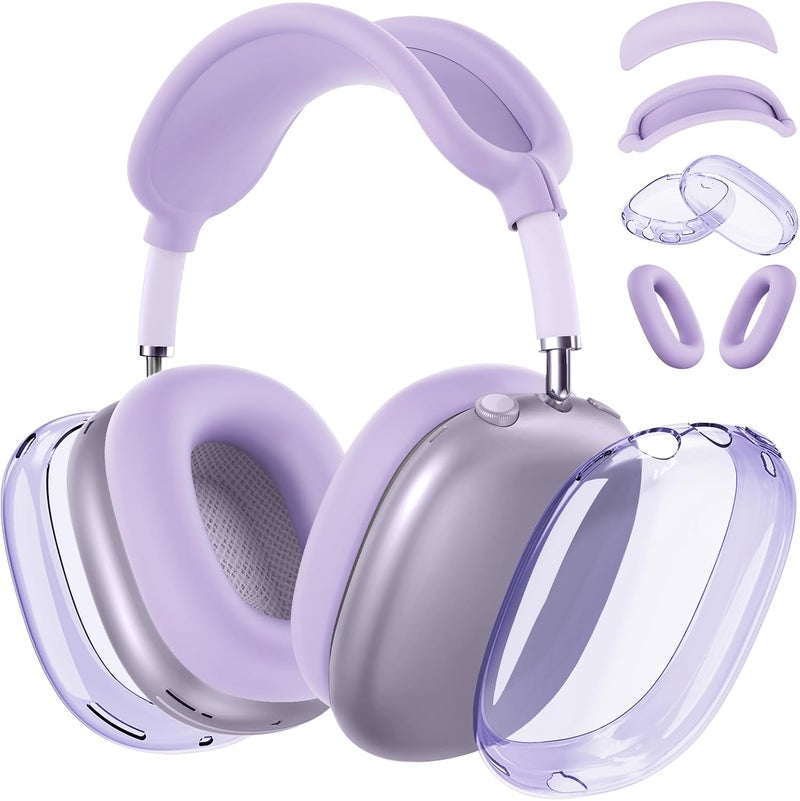 MINDRESY [4 in 1] Silicone Case Cover for AirPods Max,Clear Soft TPU Ear Cups Cover/Ear Pad Case/Headband Covers for AirPods Max(2024/2020),Transparent Accessories for Apple AirPod Max (USB-C),Pastel Lilac - Image 1